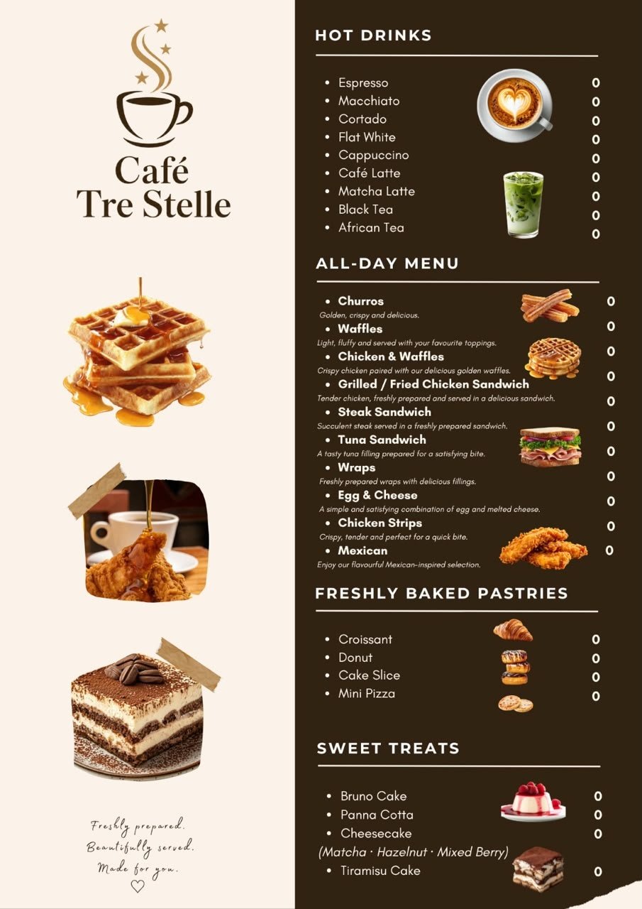 Café Tre Stelle original menu card. The same menu items are available as accessible text on our Menu page.